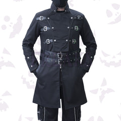 ALT Men's Military Jacket with multiple horizontal buckle straps, a wide belted waist, and a full zipper