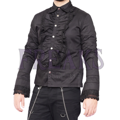Black steampunk lace shirt with a ruffled chest panel, classic collar, and lace-trimmed cuffs