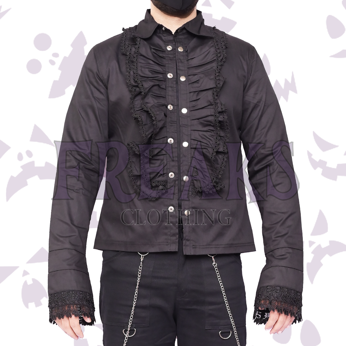 Black steampunk lace shirt with a ruffled chest panel, classic collar, and lace-trimmed cuffs