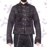 Black steampunk lace shirt with a ruffled chest panel, classic collar, and lace-trimmed cuffs
