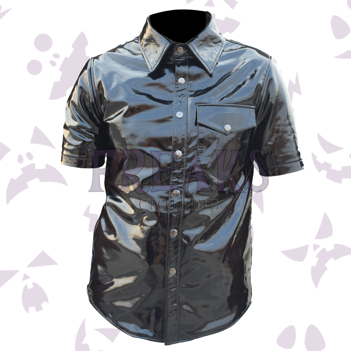 Black PVC vinyl officer shirt, short sleeve, with snap buttons and chest pockets