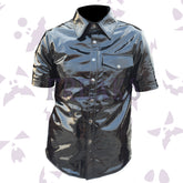 Black PVC vinyl officer shirt, short sleeve, with snap buttons and chest pockets