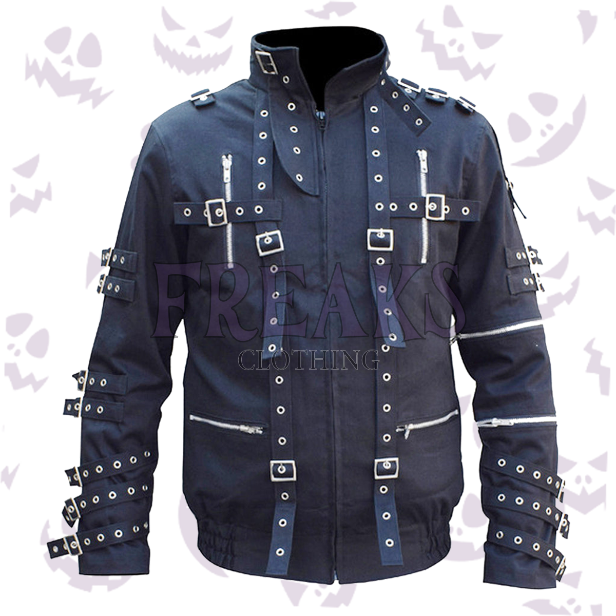 Blackout Gothic Men's Jacket with a full zipper, numerous buckle straps, metal eyelets, and studded shoulders