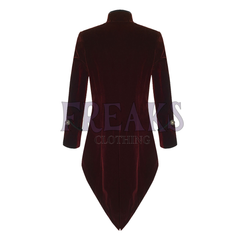 Burgundy velvet Victorian tailcoat with a high collar, antique brass buttons