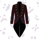 Burgundy velvet Victorian tailcoat with a high collar, antique brass buttons