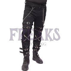 Black gothic pants with numerous buckle straps, metal chains, D-rings, and cross zippers