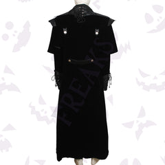 Black velvet gothic long coat with embossed leather lapels, buckle straps, and a full zipper