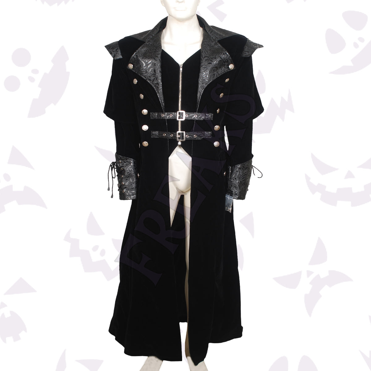 Men's vampire-style trench coat: black velvet with patterned leather details and lace-up cuffs