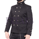 Black gothic military jacket with double-breasted silver buttons and studded shoulders
