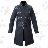 Executively Evil Gothic Coat with multiple horizontal buckle straps, a wide belted waist, and a full zipper