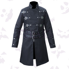 Executively Evil Gothic Coat with multiple horizontal buckle straps, a wide belted waist, and a full zipper