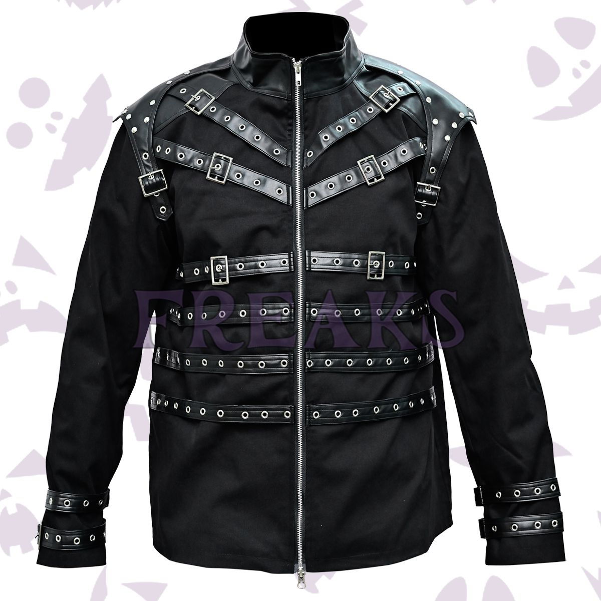 Black gothic jacket with a full zipper, numerous leather straps, metal buckles, and studs.