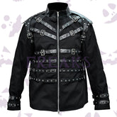 Black gothic jacket with a full zipper, numerous leather straps, metal buckles, and studs.
