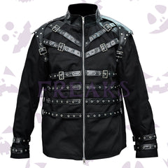 Black gothic jacket with a full zipper, numerous leather straps, metal buckles, and studs.