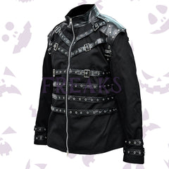 Black gothic jacket with a full zipper, numerous leather straps, metal buckles, and studs.