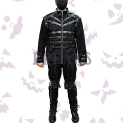 Black gothic jacket with a full zipper, numerous faux leather straps, metal buckles, and studs.