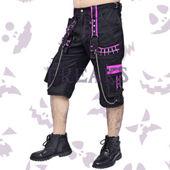 Freaks industrial cargo shorts, with pink emo baggy style bold pink contrast, silver chains, pockets.