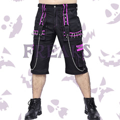 Freaks industrial cargo shorts, with pink emo baggy style bold pink accents, silver chains, and studs.