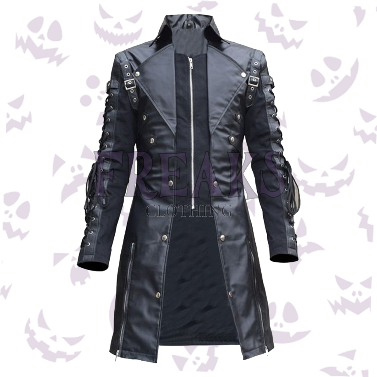 Men's industrial alternative trench coat: black, with rivet details, shoulder epaulets, and buckles