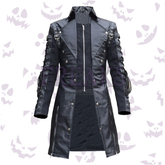 Men's industrial alternative trench coat: black, with rivet details, shoulder epaulets, and buckles