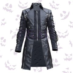 Men's industrial alternative trench coat: black, with rivet details, shoulder epaulets, and buckles