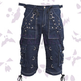Dark black studded cargo shorts with white contrast stitching, D-rings, and straps