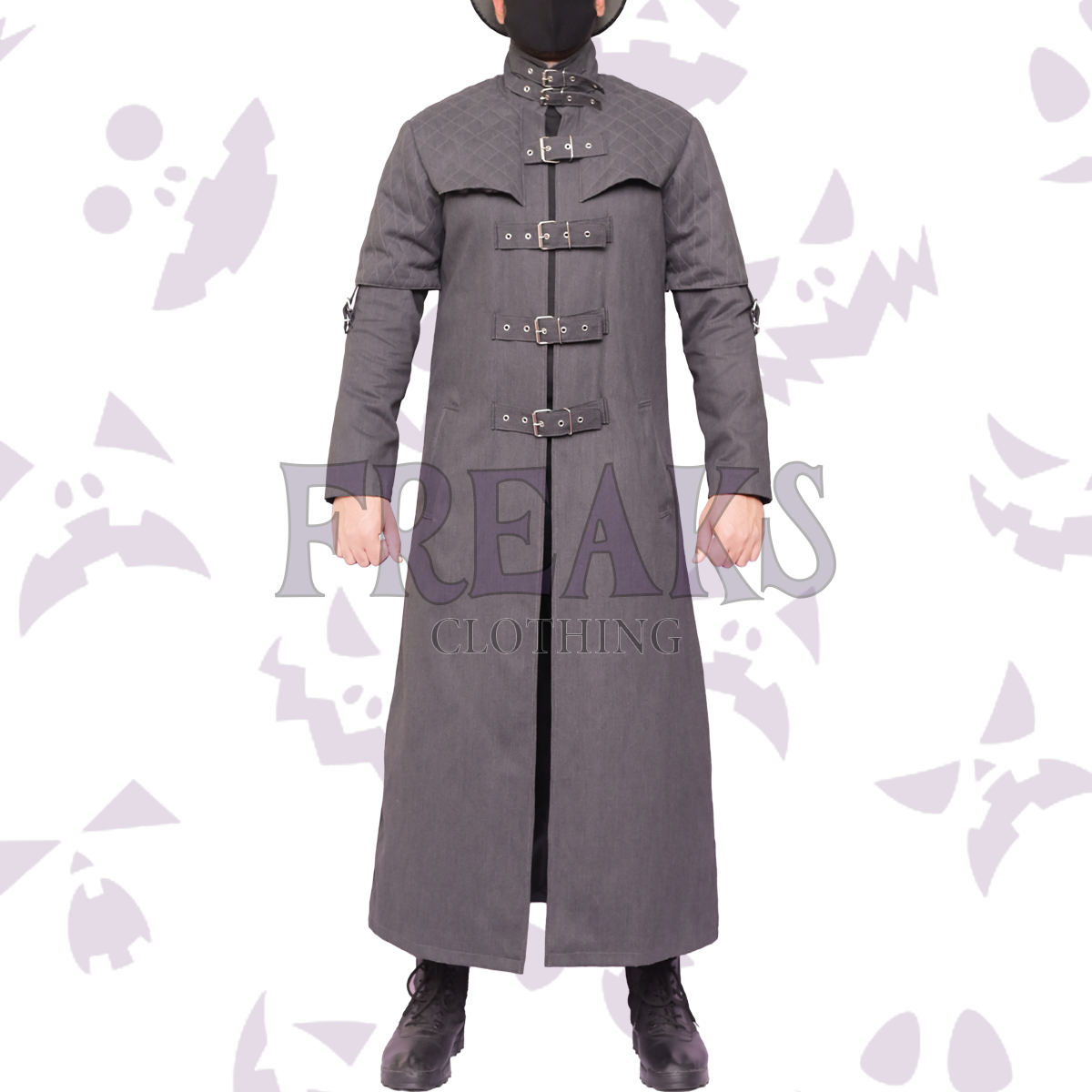 Grey gothic vampire long coat with quilted shoulders, numerous buckle straps, and a full zipper.