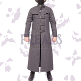 Grey gothic vampire long coat with quilted shoulders, numerous buckle straps, and a full zipper.