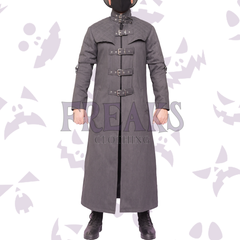 Grey gothic vampire long coat with quilted shoulders, numerous buckle straps, and a full zipper.