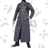 Grey gothic military long coat with a high collar, prominent buckles, faux leather panels, and chains.