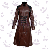 Brown PU leather gothic coat with a full zipper, horizontal buckle straps, and shoulder epaulets