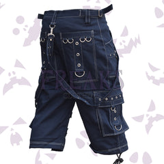 Men's punk industrial shorts: dark, with pyramid studs, detachable straps, and metal rings