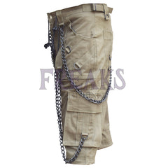 Men's Utility Punk Khaki Cargo Shorts with Chains