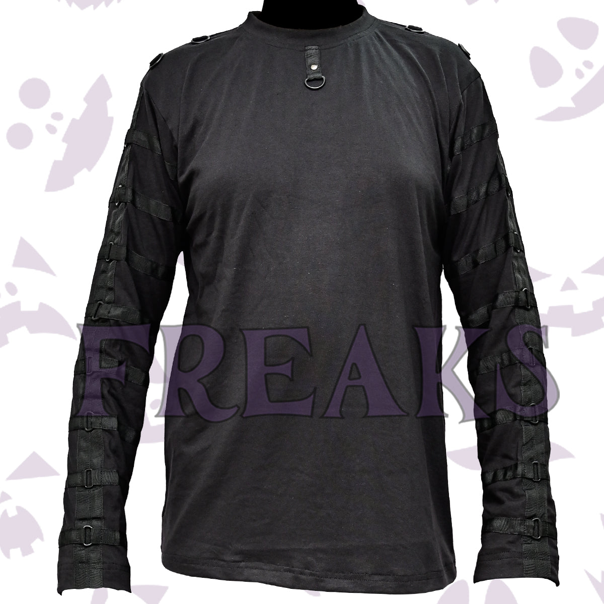 Men's black gothic long sleeve shirt with tactical straps on sleeves and a D-ring collar