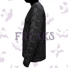 Black fleece alternative shirt featuring numerous sleeve straps