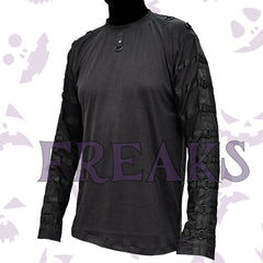 Black fleece alternative shirt featuring numerous sleeve straps