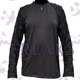 Men's black gothic long sleeve shirt with tactical straps on sleeves and a D-ring collar