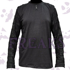 Men's black gothic long sleeve shirt with tactical straps on sleeves and a D-ring collar
