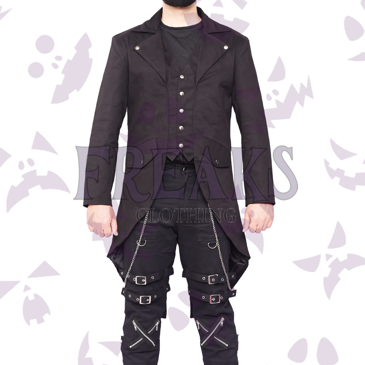 Black Victorian steampunk tailcoat with notched lapels, silver buttons, and a formal design