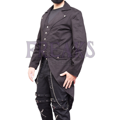 Black Victorian steampunk tailcoat with notched lapels, silver buttons, and a formal design