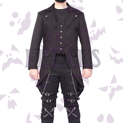 Black Victorian steampunk tailcoat with notched lapels, silver buttons, and a formal design