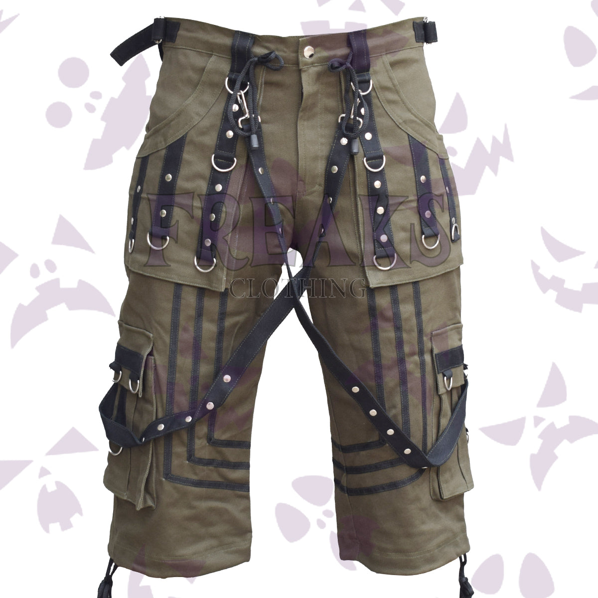 Khaki cyber cargo shorts with black straps, metal D-rings, and contrasting vertical panels