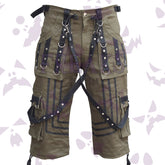 Khaki cyber cargo shorts with black straps, metal D-rings, and contrasting vertical panels
