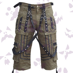 Khaki cyber cargo shorts with black straps, metal D-rings, and contrasting vertical panels