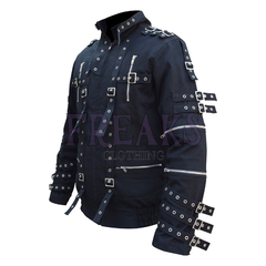 MJ Cosplay Costume Jacket with a full zipper, numerous buckle straps, metal eyelets, and studded shoulders