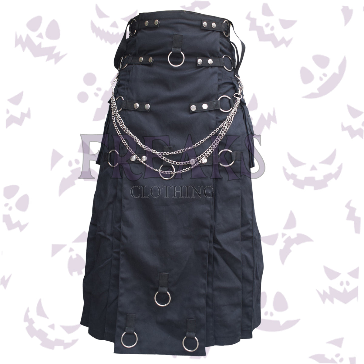 Black industrial kilt with silver chains, numerous metal D-rings, and studded straps.