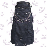 Black industrial kilt with silver chains, numerous metal D-rings, and studded straps.