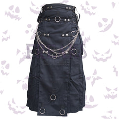 Black industrial kilt with silver chains, numerous metal D-rings, and studded straps.