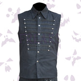 Black military gothic vest with horizontal studded fabric straps and silver snap buttons