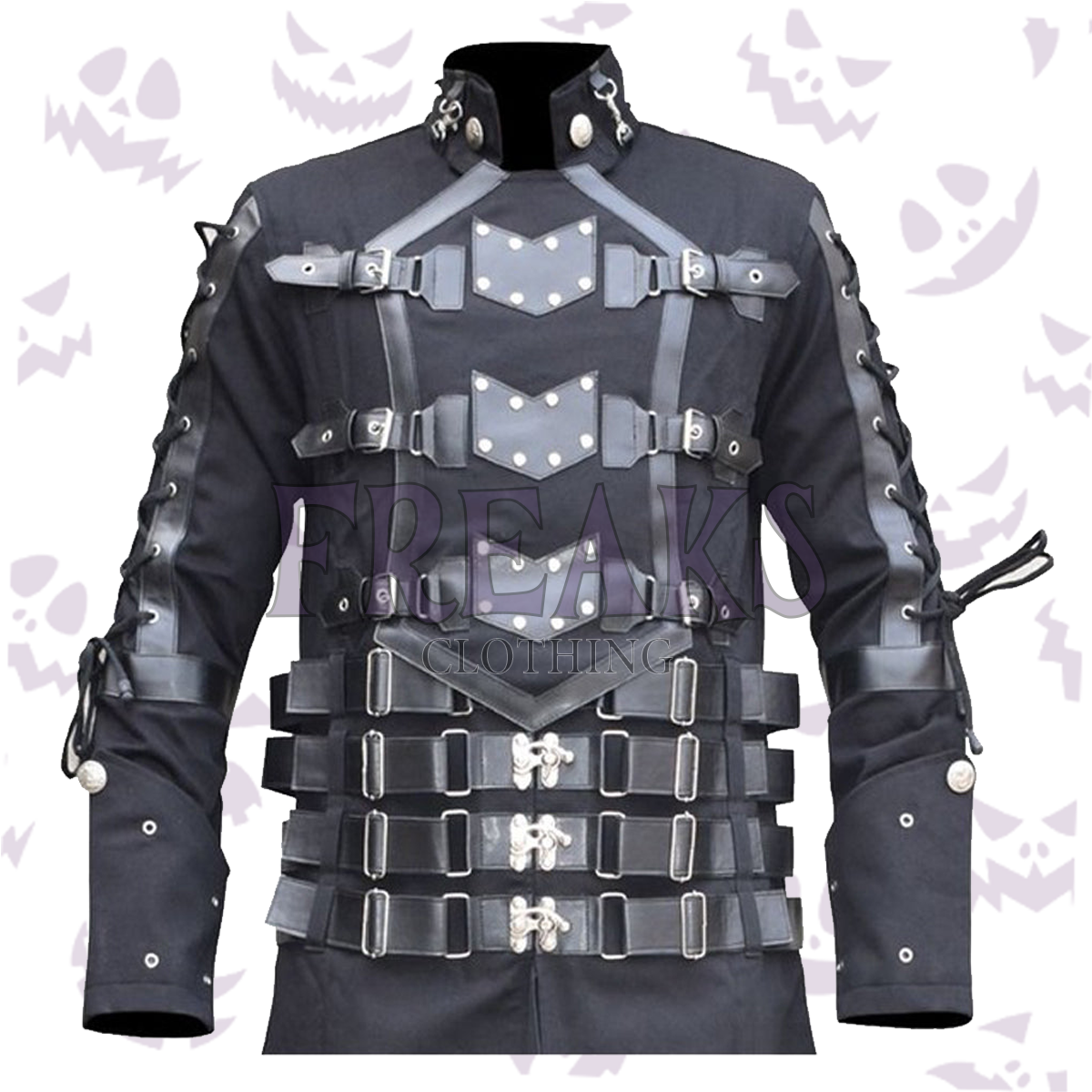 Men's Hellraiser-inspired coat: black, full-length, with industrial straps and rivet details